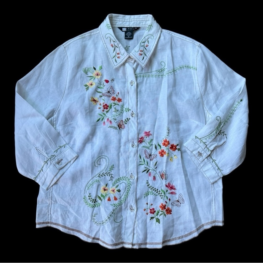 Carole Little White Shirt with Colorful Floral Embroidery - NWOT